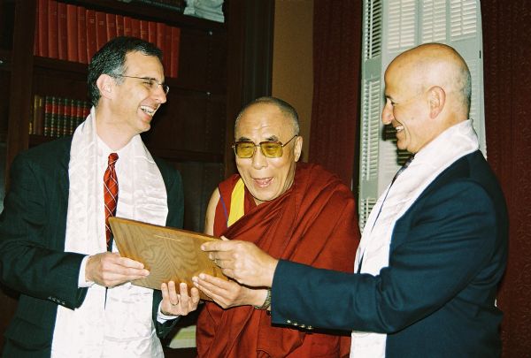His Holiness, the Dalai Lama, Joe Parisi, Dane County Executive and Spencer Black, of the Wisconsin State Assembly at the Madison Club. 