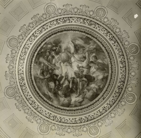 "Resources of Wisconsin" mural painting in the center of the dome of the Wisconsin State Capitol.