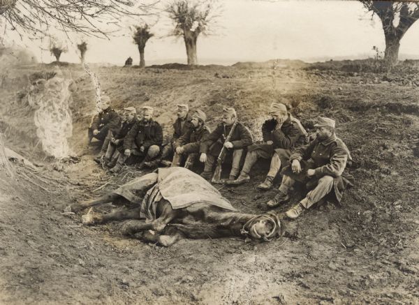 Austrian soldiers sitting in a row near their dead horse. They are waiting to be brought a spare horse. 