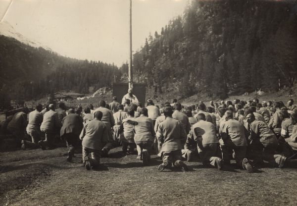 Sunday mass for Austrian soldiers, members of a "Tiroler Standschützen" unit, in South Tyrol during World War I.