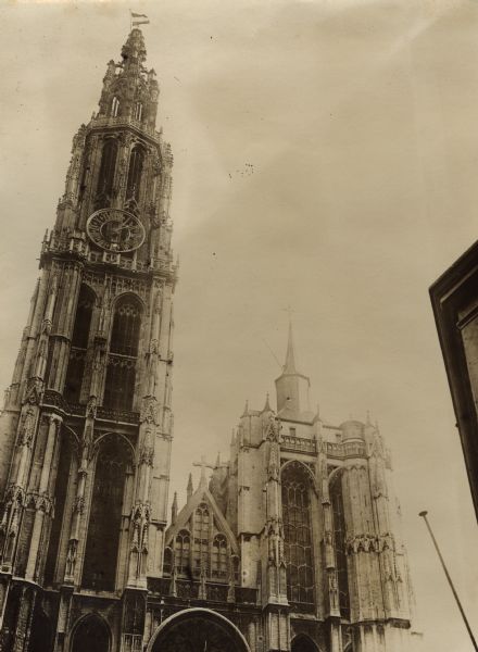 Antwerp Cathedral with a German flag after the capture of the fortified city on Antwerp in October 1914.
