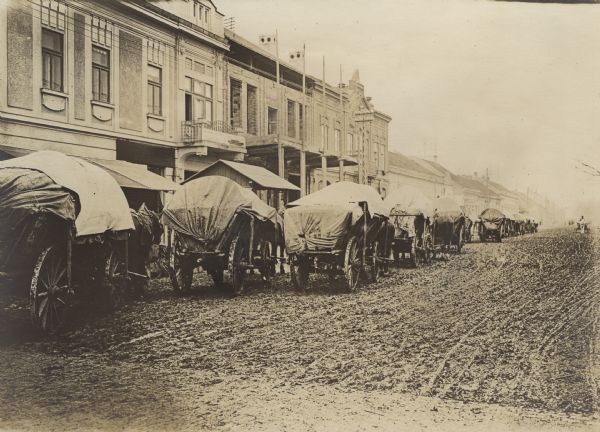 Rear view of a line of horse-drawn wagons moving down a city street. The wagons are covered with canvas, and buildings are along the sidewalk in the background.