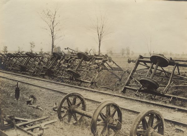 A Serbian freight train with provisions that had been bombarded by the Austrians and later burned completely. 
