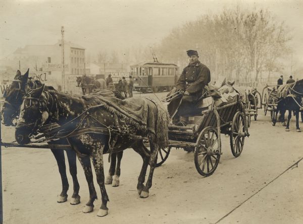 An Austrian soldier is driving a team of two horses to the front with a wagon full of supplies in the City of Neusatz (Novi Sad) during World War I. 