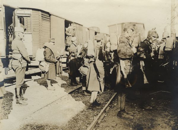 Austrian Soldiers detraining in the City of Ruma, located in the Province of Syrmien.  These soldiers are massing for the invasion of Serbia in 1915.