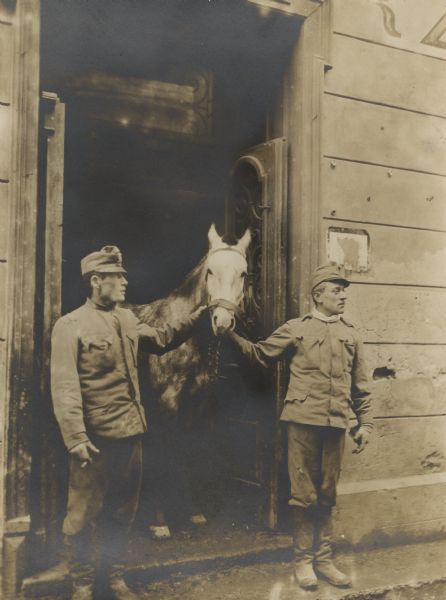 Austrian soldiers are using a house as a horse stable in Serbia.