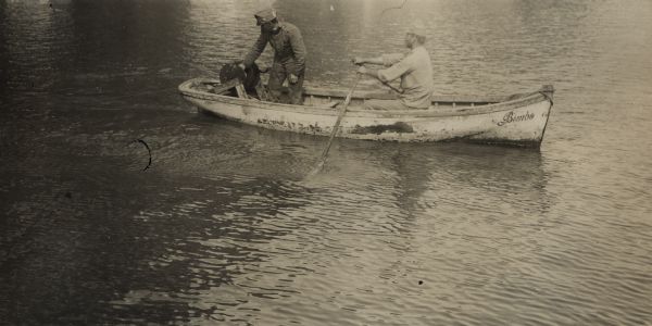 Austrian sappers (military engineers) checking on underwater mines on a lake in South Tyrol on the Italian front.