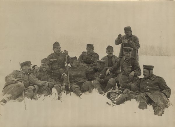 German and Austrians troops resting comfortably in the snow during a break in the fighting.