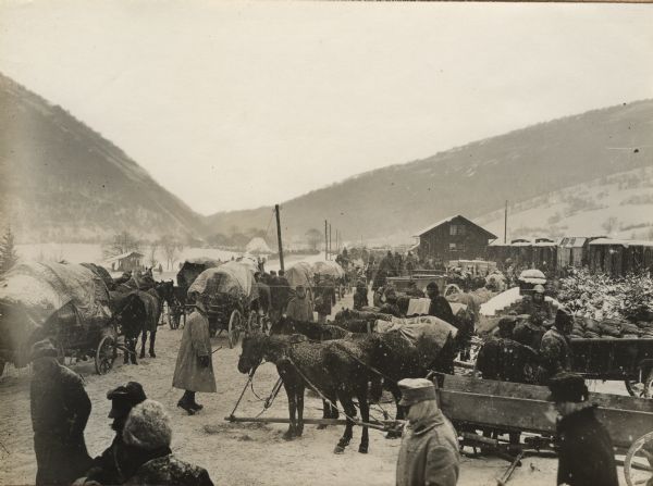 Austrian troops and supply wagons resting in the vicinity of the Uzsok Pass.