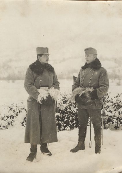 As protection against the bitter cold of the Carpathian Mountains, the Austrian Army supply command delivers fur muffs for soldiers. 
