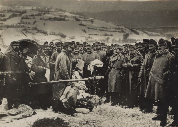 Winter wool clothing being distributed to Austrian soldiers near the Uzsok Pass in Galicia.