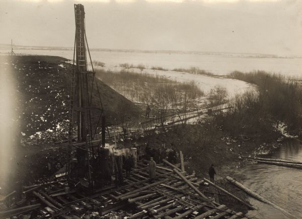 Construction of a bridge over the Warte River near Sieradz in Russian Poland. 