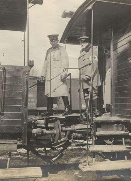 The hospital train of Count Karolyi being inspected by Freiherr Scheffer-Boyadel while being accompanied by Count Anton Karolyi. 
