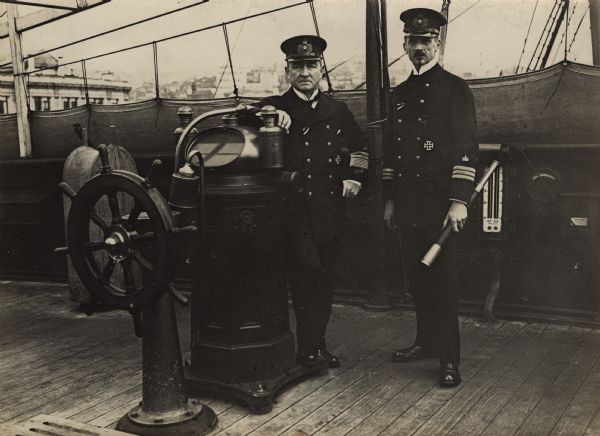Vice-Admiral Suchon and Commander (Korvetten Kapitan) Busse, his chief-of-staff, on the bridge of the battlecruiser <i>Sultan Javus Selim</i>.