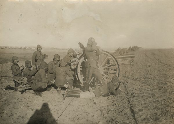 Turkish artillery in firing position in training for the attack on the Suez Canal.