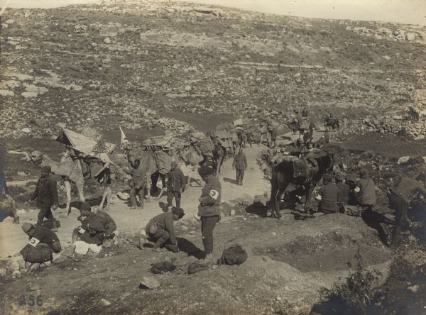 Caravan of Red Crescent soldiers traveling through the desert with supplies.