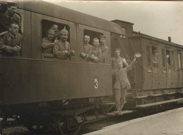 Bavarian troops waving from a train leaving for the front.