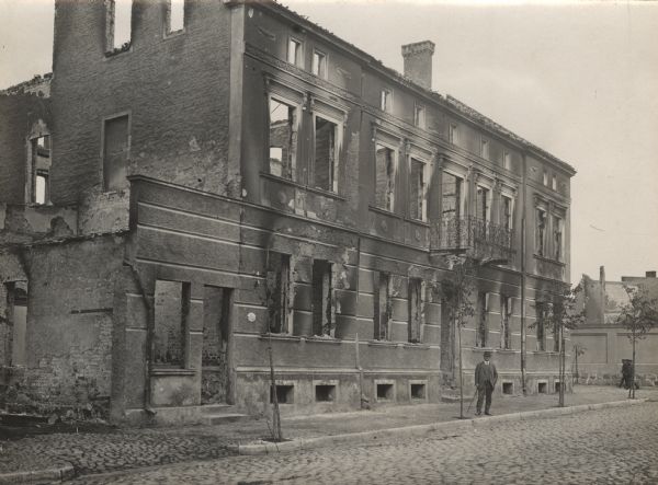 Scene of burned buildings after the Russian occupation.
