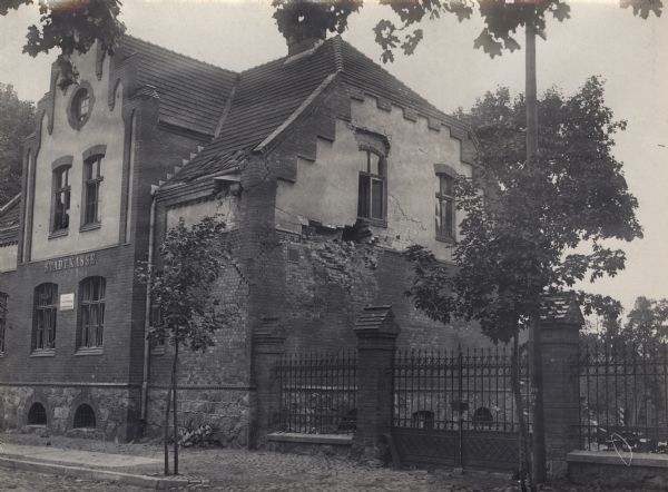 Destroyed city bank building (Stadtkasse). Scene of destroyed and burned buildings after the Russian occupation.