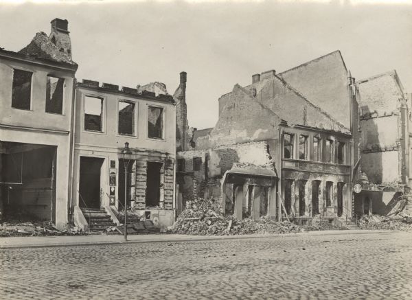 Scene of destroyed and burned buildings.