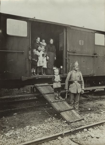 East Prussian refugees whose homes had been burned by Russian troops and who are living in railroad cars.