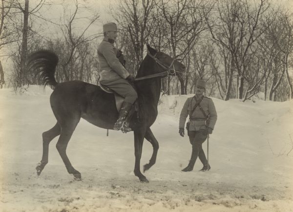 Austrian soldier out on his morning ride in the snow.