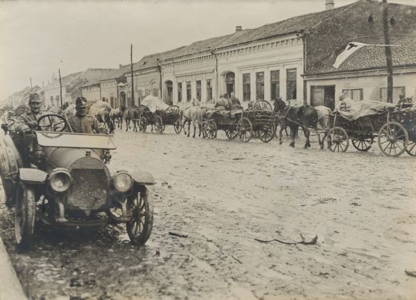 Wagons of supplies passing through Sabac on the way to the front.
