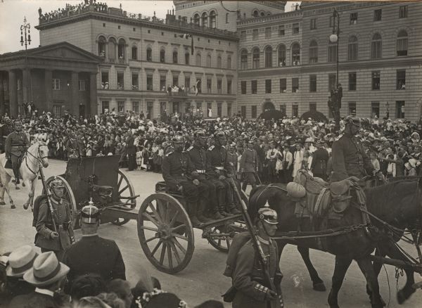 Parade of captured Russian artillery through the Brandenberg Gate in Berlin.
