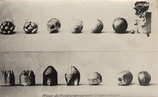Various types of bullets, often referred to as "dum dum" bullets, which were designed to inflict grievous damage on human flesh. German propaganda made much of the (supposed) use of these by French and Belgian soldiers.