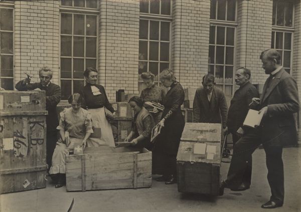 Collection point at the National Library in Berlin for books for the wounded. Books are being packed in crates to make them available to hospitals.