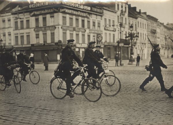 German naval infantry in Antwerp leaving for Ostende. German forces occupied Antwerp on October 10th, 1914 after a two week siege.