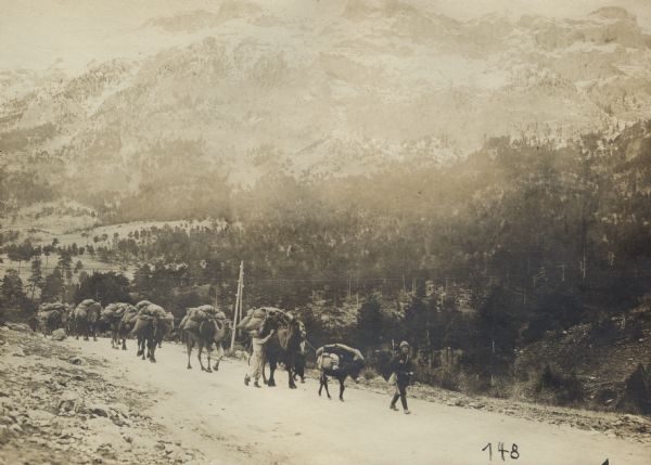 Soldiers with a camel caravan moving through the Taurus. 