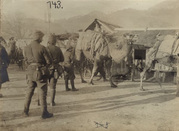 A Turkish camel caravan passing by a roadside inn. 