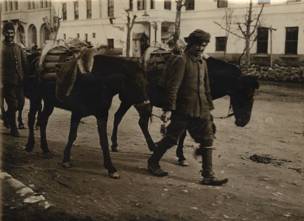 Turkish soldiers leading supply horses.