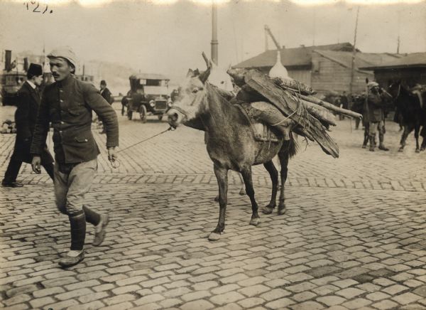 Soldier leading a donkey transporting wood in Constantinople. 