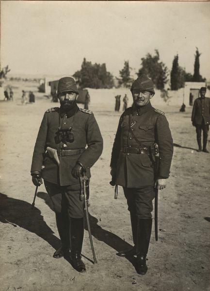 Djemal Pascha, the senior commander of Turkish forces on the Suez Canal, in the desert with Colonel Frankenberg. 