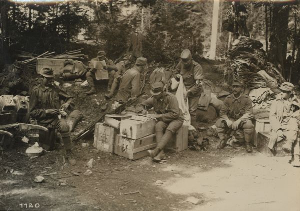 Tiroler Landesschuetzen (territorial troops from the Province of Tyrol) resting in a forest on the southern battlefront. 