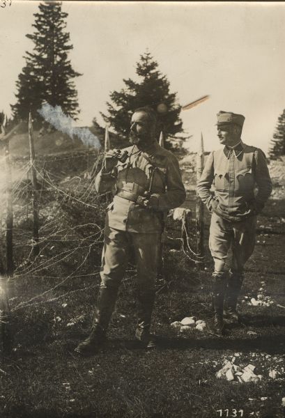 A descendant of Andreas Hofer fighting against the "Welschen" in the south. Captain Simon Hofer of the Tirol Standesshuetzen Battalion, whose civilian occupation was innkeeper in the Pastier Valley. 