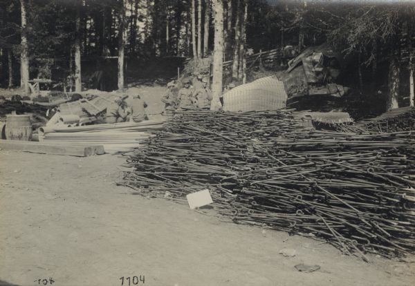 On the battlefield of the Lavarone plateau.  Supplies for construction of a continuous belt of wire obstacles. The plateau of Lavarone was located along the pre-war boundary between Austria-Hungary and Italy. 
