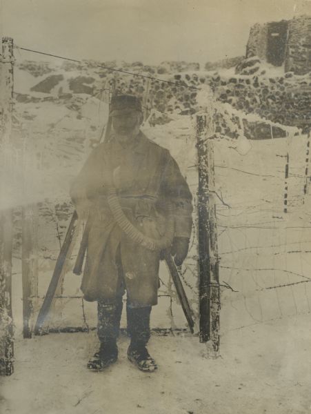 Guard in front of a fortified position on the glacier at an elevation of over 3500 meters. 
