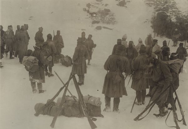 Brave Tiroler Standschützen returning after the destruction of the Cabana Cedek, located on the Italian side of the border, awaiting further orders.