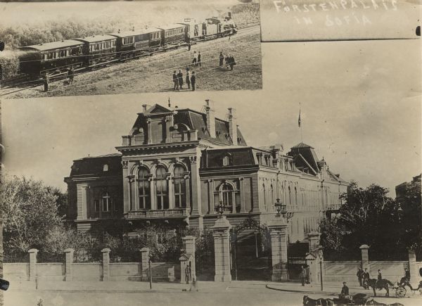 A palace in Sofia. There is another image in the upper left hand corner of people standing near a train.