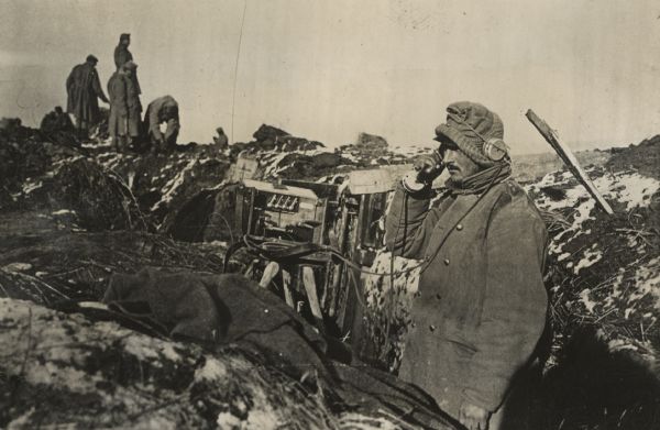 Artillery battery telephone in a Serbian trench line that had been captured by the Austrians. 