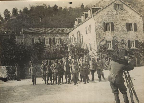 Rijeka (Rijeka Crnojevi&#263;a). The first cinematic filming of the summer residence of King Nikita of Montenegro. F.M.L. (Trollmann), his chief of staff, Colonel  Karl Guensche, and the rest of the staff are being cinematically filmed.