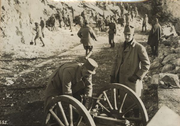 Repair work on Mount Lovcen to repair war damage caused by the Montenegrins. Archduke Karl Franz Salvator inspecting the work on Mount Lovcen, Montenegro.
