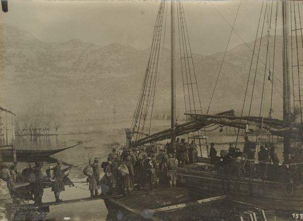 On Lake Skutari (Skodar) in Albania. Austrian troops being loaded onto boats.
