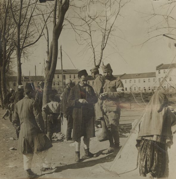 Serbian and Austrian Red Cross workers in front of the barracks in Skutari, Albania.