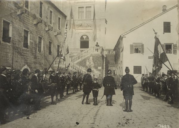 The Mornarica (naval) defense corps parading on February 3rd to celebrate the feastday of Saint Tryphon, the patron saint of Cattaro, Montenegro.