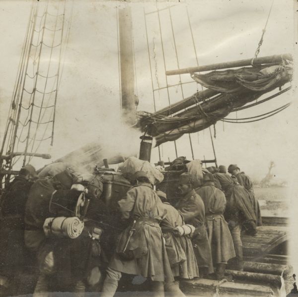Austrian field kitchen being loaded onto a ship, in Skutari. Mobile field kitchens were often, jokingly, nicknamed "goulash cannons."