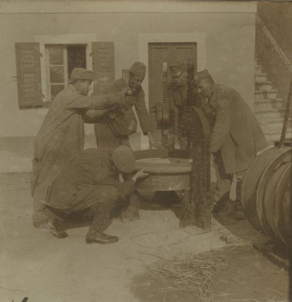 Press for mounting heavy rubber truck tires onto rims for Austro-Hungarian military vehicles, Montenegro and Albania. 